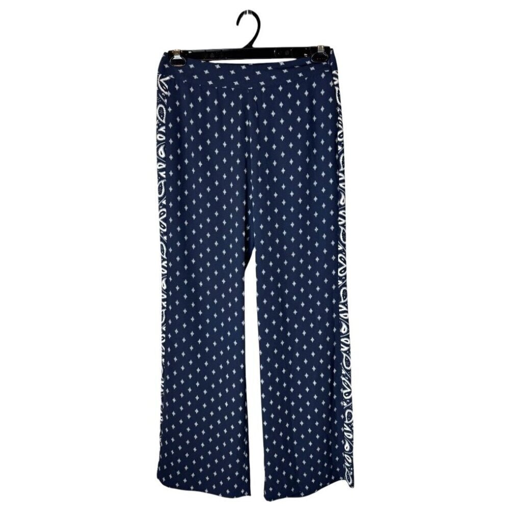 Cabi Pants Women 2 Navy‎ Blue White Geometric Track Star Flowy Wide Leg Trousers